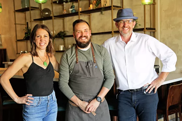 GIN FOR THE WIN Proprietors Maggie Cameron and Eric Connolly, and executive chef Cory Bidwell, center, helm Paso Robles eateries The Hatch and Della's. The Hatch dishes up comfort food and cocktails, while Della's specializes in wood-fired pizzas and a mix-and-match gin and tonic bar. - PHOTO COURTESY OF THE HATCH ROTISSERIE & BAR
