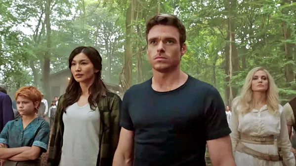 SUPER? In Eternals, screening at most local theaters, 10 immortal beings—including (left to right) Sprite (Lia McHugh), Sersi (Gemma Chan), Ikaris (Richard Madden), and Thena (Angelina Jolie)—protect Earthlings from horrible monsters, unaware they're all part of a bigger plan that may mean the end of the planet. - PHOTO COURTESY OF MARVEL STUDIOS AND TSG ENTERTAINMENT