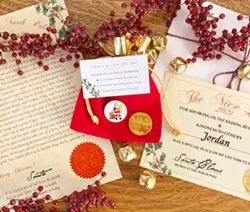 JOIN THE CLUB The North Pole Club ($70) includes yearlong greetings from Santa: an heirloom letter, a membership coin, a Nice List certificate, a postcard in the summer, and a personalized birthday card. - PHOTOS COURTESY OF SLO SANTA