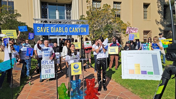 SAVE DIABLO? Members of Save Clean Energy, a new nonprofit, rally in front of the SLO County Courthouse on Dec. 4 for keeping Diablo Canyon Power Plant open beyond 2025. - PHOTO COURTESY OF SAVE CLEAN ENERGY