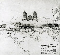 VISION ON A HILL A 1921 drawing of the front fa&ccedil;ade of Casa Grande and Guest Houses at Hearst Castle includes notes by architect Julia Morgan and media magnate William Randolph Hearst. - IMAGE COURTESY OF CAL POLY/JENNIFER SHIELDS