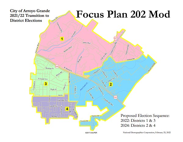 'US V. THEM' Mayor Caren Ray Russom said she was worried that this modified Plan 202 district map, which doesn't evenly split the Grand Avenue corridor between Districts 3 and 4, could cause an "us versus them" mentality between commercial and residential sectors. - FILE MAP COURTESY OF ARROYO GRANDE