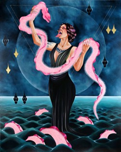 LAYERED MEANING In Lena Rushing's Goddess and the Serpent, a siren conjures "her own reality, alone, surrounded by depth and the unknowable, dominating the space she occupies. The serpent is an extension of her reality, she created it, she controls it." - COURTESY IMAGE BY LENA RUSHING