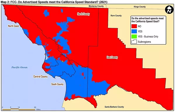 SLOW SPEEDS In this SLOCOG graph, the blue areas are those where the internet plans offered meet the California Speed Standard, while the red areas do not. Much of rural North County and the North Coast does not meet the standard. - GRAPH FROM SLOCOG REPORT