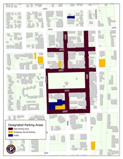 PARK AND SHOP Paso Robles City Council decided to stick with its current parking program at an April 9 special meeting. People parking in the maroon areas will continue to get two hours free and then pay $1 an hour after that. - PHOTO COURTESY OF CITY OF PASO ROBLES