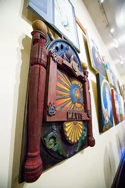 'RESPECT YOURSELF': Mavis Staples radiates from Janelle Younger’s vibrant wooden assemblage piece. - PHOTO BY HENRY BRUINGTON