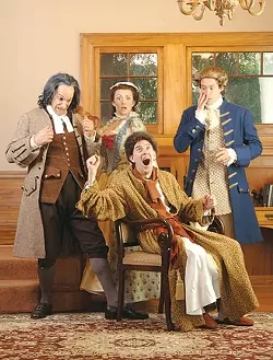 MANIA AND HYSTERIA : (front) William Youmans as Silas Argan, (back, l-r) Benjamin (David Meyers), Abigail (Vanessa Ballam), and Nathaniel (Tobias Shaw) ham it up in PCPA’s production of The Imaginary Invalid. - PHOTO COURTESY OF LUIS ESCOBAR/ REFLECTIONS PHOTOGRAPHY STUDIO