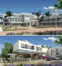 THE PLANS, THEY ARE A-CHANGIN': After months of extensive discussion and revision, the Pismo Beach Planning Commission finally, during their July 22 meeting, approved plans for a 104-room hotel opposite the Pismo Pier. At the bottom is the Cypress Street hotel entrance as envisioned on - March 11; at the top is the same entrance as envisioned on July 22 after design revisions. - IMAGES COURTESY OF PISMO BEACH PLANNING COMMISSION