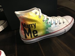 NEW SHOES BLUES :  San Francisco&rsquo;s Converse store came out in support of Pride and the recent Supreme Court decisions involving gay marriage. - PHOTO BY MAEVA CONSIDINE
