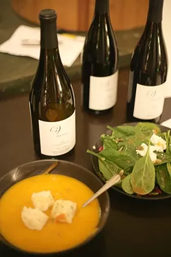 COURSES ONE AND TWO : The silver medaled 2008 Treviti Chardonnay is paired with a spinach salad and butternut squash soup. - PHOTO BY GLEN STARKEY
