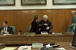 IN WITH THE NEW : San Luis Obispo Mayor Dave Romero handed over the reins of the city to incoming Mayor Jan Marx. - PHOTO BY STEVE E. MILLER