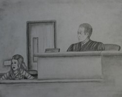COURTROOM DRAMA! :  Holly Myrick&rsquo;s drawing of the case is one of several rendered for the courtroom drawing competition. - IMAGE COURTESY OF HOLLY MYRICK