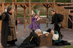 FORCE OF NATURE : Invisible spirit Ariel (Katherine Perello, center) thwarts the plans of Antonio (David Anthony Hance, far left) and Sebastian (Charles Hayek, far right) to murder Alonso and Gonzolo (Jean Miller and Bob Knowles, sleeping) in the Central Coast Shakespeare Festival’s staging of The Tempest. - PHOTO BY STEVE E. MILLER