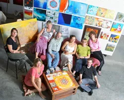 GUTSY COLLABORATORS : (l-r) Glynis Chaffin-Tinglof, Carol Paquet, Sarah Winkler, Stephen Olson, Pacha Hornaday, Anne Stahl, Drew Davis, and Ellen Jewett create holons as part of the SLO-born Holonic Arts Movement. - PHOTO BY STEVE E. MILLER