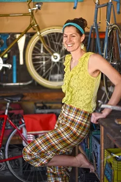COMMUTER CHIC: Organizer Kylie Mendonca shows off her handmade threads, which will be featured alongside some 45 designs crafted by local members of the community. - PHOTO COURTESY OF SLO BIKE COALITION