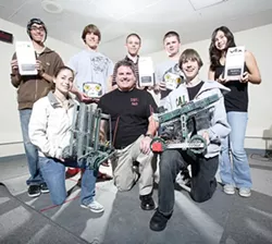 GOOD TO GO : The Nipomo High School robotics team is ready to take on the world. Members include from the left in front Rachel LeCover, advisor Greg Gracia, and Erik Sandberg; and standing, from left, Sergio Navarro, Ryan Tucker, Coty Walker, Dylan Hardy, and Jasmine Desmit. - PHOTO COURTESY OF GREG GRACIA