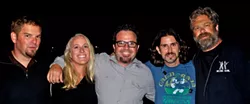 REUNITED! : Members of ’90s act Itchy McGuirk—(left to right) Jon Scholl, Helen Tracewell Guzzi, Doug Groshart, Dave Walker, and Dan Ernst—play a benefit concert for Dan on July 21 at SLO Brew. - PHOTO COURTESY OF ITCHY MCGUIRK