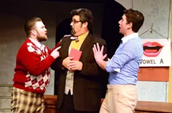 BUY A VOWEL: Cosmo Brown (Zach Johnson) and Don Lockwood (Jeff Salsbury) torture a pompous diction coach (John Mackey) with their vaudevillian antics. - PHOTO COURTESY OF JAMIE FOSTER PHOTOGRAPHY