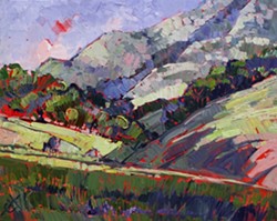 PASO GREENS :  Los Angeles-based plein air painter Erin Hanson found herself inspired by Paso Robles&rsquo; smooth hills, once spending several days living out of her van and waking at dawn to capture the Paso sunrise. Her technique of painting a canvas entirely red, then painting a scene on top of that, allows for brilliant pops of color in unexpected places, as seen in this piece, titled Paso Greens. - ARTWORK BY ERIN HANSON