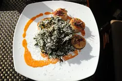 FOR FOOD'S SAKE: Chef Jacob Moss' shaved kale and seared day boat scallops over garlic toast with grana padano and tomato vinaigrette. - PHOTO BY DAN HARDESTY