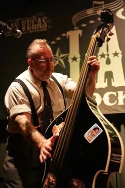 DEAD ZED’S CHOPPER! : Hailing from Lompoc, Dead Zed’s Chopper—from left to right: King Cat Kev Martin (upright bass), Mike Holliday (lead vocals), Doc Campbell (drums), and 15-year-old Philip the Kid (lead guitar)—blew the crowd away at Brendan’s Sailor Jerry Pub.