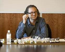 THE MAN WITH THE NOSE : Alexandre Schmitt is from the University of Bordeaux, France. He conducts classes for winemakers—including a recent session at Tolosa Winery—to teach them to recognize aromas and flavors in various wines. - PHOTO BY STEVE E. MILLER