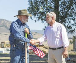 TRUCE:  Dan De Vaul and Supervisor Bruce Gibson (right) on Sept. 19. - PHOTO BY COLIN RIGLEY