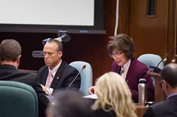 THE PLAN: Community Development Director Derek Johnson (left) and Deputy Director Kim Murry argued before the SLO City Council that data from Johnson Aviation about safety and noise led city staff to push for an overrule of - the county’s Airport Land Use Commission. - PHOTO BY KAORI FUNAHASHI