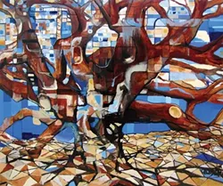 BRANCHING OUT: Many of Quintero’s works in Relics center around images of trees, interspersed with abstract elements, as can be seen in his painting "Zeus in Dodona." - IMAGE BY JORDAN QUINTERO