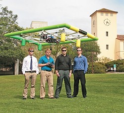 BARGING FORWARD:  The Cal Poly SkyBarge Team&mdash;(left to right) Gordon Belyea, Garret Gudgel, Ethan Juhnke, and Eric Dreischerf&mdash;took second place in November 2014 at the American Society of Mechanical Engineers Student Design Competition in Montreal. - PHOTO COURTESY OF CAL POLY