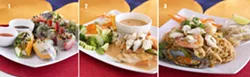 PLEASING TO THE EYE AND MOUTH : Three dishes from Bunn Thai in Grover Beach are bound to please: (1) Combo Fresh Roll, including the mango, strawberry, and avocado varieties; (2) Heaven on Earth, made with tilapia and real crab, with a mild Panang curry; (3) Andaman Pad Thai with jumbo shrimp, mussels, calamari and real crab. - PHOTOS BY STEVE E. MILLER