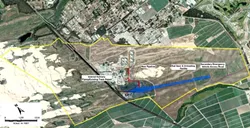 THE PROPOSAL: This is an aerial map of the rail spur extension project and environs. Outlined in yellow is the boundary of Phillips 66’s property, in black is the Union Pacific mainline railroad, in blue is the outline of the proposed rail spur, and in red is where a pipeline would - run from the spur to the refinery. - PHOTO COURTESY OF SLO COUNTY PLANNING DEPARTMENT