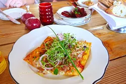 HALF EATEN PIZZETTE: Sorry, but I ate half of this organic pork sausage pizzette before I remembered to take a photo. - PHOTO BY GLEN STARKEY