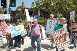 BLAKESLEE’S SQUATTERS : Assemblyman Sam Blakeslee’s downtown SLO office is fast becoming a hotspot for protests against state budget cuts. - PHOTO BY STEVE E. MILLER