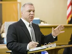 LONG OVERDUE : Jurors listened to opening statements in the criminal trial of a mother and son accused in the September 2010 murder of 15-year-old Santa Maria teen Dystiny Myers. Pictured top is prosecutor Tim Covello, center is defendant Rhonda Wisto, and bottom is Sheriff’s Detective David Walker displaying a .38 caliber revolver found in a vehicle during Ty Hill’s arrest. - PHOTOS COURTESY OF JOE JOHNSTON/THE TRIBUNE