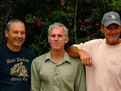 CALIFORNIA BLUEGRUSION : Singer/songwriter/guitarist David Lynch (center) performs an acoustic set with Mark Travis on mandolin (left) and Frank Duncan on dobro (right) at Peet’s Coffee on Sept. 3. - PHOTO COURTESY OF DAVID LYNCH