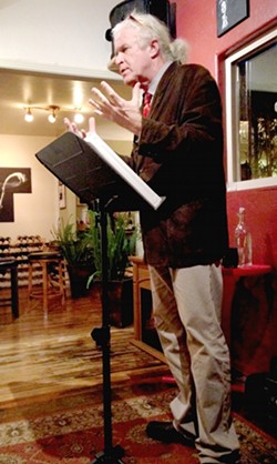 MUSE IT OR LOSE IT:  SLO poet laureate emeritus, Cal Poly professor, and New Times contributor James Cushing does his thing at the Wise Owl in Cambria. - PHOTO BY CELESTE GOYER