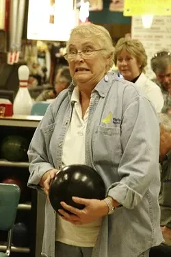 BOWLING FOR DEMOCRACY : Sheila Blake kept the evening fun despite losing her bid for a seat on the Pismo Beach City Council. - PHOTO BY NICK POWELL