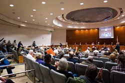CONTENTIOUS DIVIDE: Santa Margarita area residents filled the County Board of Supervisors’ Chambers on Dec. 11 to give the planning commission their take on a proposed quarry on Highway 58, three miles east of town. - PHOTO BY KAORI FUNAHASHI