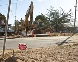 ALL TORE UP: The San Luis Obispo County Board of Supervisors narrowly delayed the approval of more than $4 million in contract amendments for the Los Osos Wastewater project, which critics contend has run grossly over-budget and has led to significant inconveniences thanks to the ongoing road construction (pictured here at Fern Avenue). - PHOTO BY STEVE E. MILLER