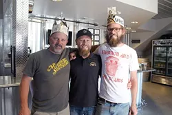 WINEMAKERS GET FROTHY: From left to right, winemaker Sherman Thacher of Thacher Winery, Firestone Walker Brewing Co. Brewmaster Matt Brynildson, and Daniel Callan of Thacher Winery. Thacher and Callan created the winning blend that became the basis for Firestone’s XIX Anniversary Ale (hence, the crowns). - PHOTO COURTESY OF FIRESTONE WALKER BREWING CO.