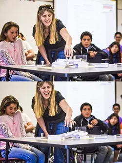 TIMBER!: Students in Aimee Burrus’ sixth grade class at Los Osos Middle School were tasked with building a bridge, which Burrus later stress tested. - PHOTOS BY HENRY BRUINGTON