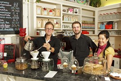 CUTE AS A BUTTON :  Caf&eacute; owner Jennifer Martinez and baristas Colby Reece and Andrew Aghajanian are offering a good cup of coffee, as well as a fine setting in which to enjoy it. - PHOTO BY STEVE E. MILLER