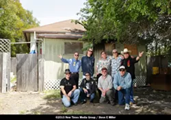 MEN WITH A MISSION : (left to right, back row) Little Robbie Kimball, Tim Jackson, Peter Yelda, Louie Ortega, Randy Pybas, and (left to right, front row) Josef Kasperovich, Frankie Paredes, Bill Donley, and Lance Robison are a few of the more than one dozen musicians who will play a fundraising benefit at Chili Peppers on May 22, to help a family of employees who lost their home to a fire. - PHOTO BY STEVE E. MILLER