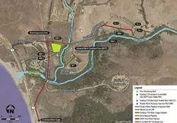 BREAKING GROUND: An overhead photo of the Cambria Community Services District’s Emergency Water Supply Project. The project will treat brackish and treated wastewater in a process that will replenish one of Cambria’s wells. The site’s proximity to creeks and two lagoons—and the projected environmental impact—has been the subject of much debate. - IMAGE COURTESY OF CDM SMITH