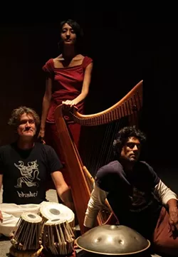 GET MYSTICAL: (Left to right) Johnee Gange, Sheela Bringi, and Masood Ali Khan will bring their world music sounds inspired by the mysticism of Indian music to mBody on Nov. 24. - PHOTO COURTESY OF MASOOD ALI KHAN, SHEELA BRINGI & JOHNEE GANGE