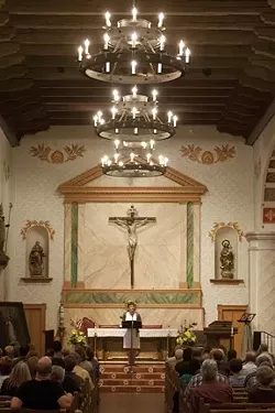 THE WARDEN : Jeanne Woodford oversaw four executions as warden of San Quentin State Prison. Here she speaks out against the death penalty at Mission San Luis Obispo de Tolosa as part of the pro-Proposition 34 campaign. - PHOTO BY STEVE E. MILLER