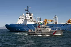 MISSION ACCOMPLISHED : The private salvage vessel, the Nanuq, sits parked over the wreckage of the sunken Montebello, approximately six miles off the Cambria coast, on Oct. 13. - PHOTO BY STEVE E. MILLER