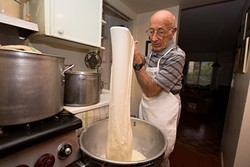 LIKE RIDING A BIKE:  Lou Tedone, 91, grew up making mozzarella cheese at his parents&rsquo; shop in Brooklyn. For the past 25 years, he&rsquo;s risen at dawn to make flavorful batches every day. - PHOTO BY KAORI FUNAHASHI