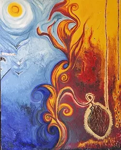HIM AND HER : In this painting, Castellon represented her logical, expressive, dead poet boyfriend in blue and her own passionate self in red; he soars birdlike toward the sun while her heavy heart hangs like ripe fruit. - PHOTO BY GLEN STARKEY
